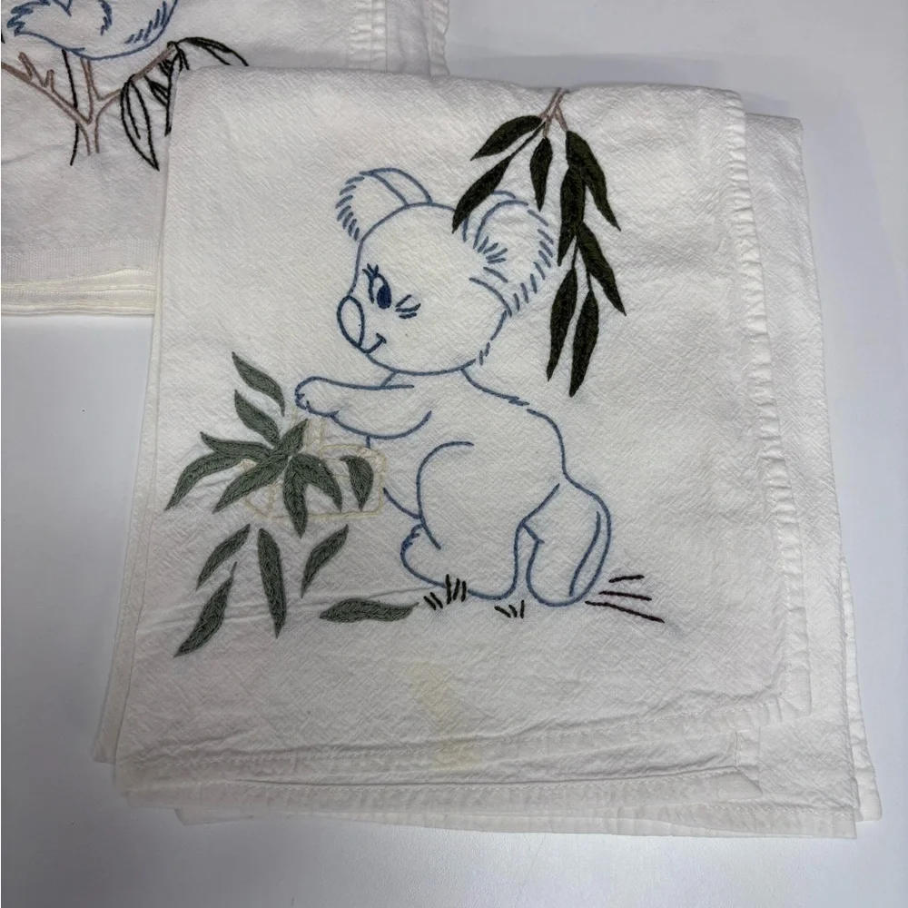 Embroidered Koala Cotton Hand Towels - White with Green & Blue Accents